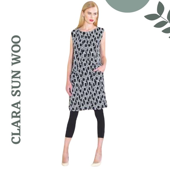 Clara Sun Woo Black & White Print Pocket Shift Dress Sleeveless – Size XS - Picture 1 of 8